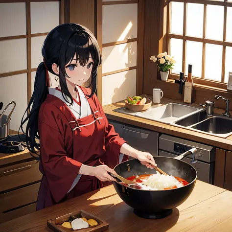 japanese woman,Home,one&#39;s home,ties up black hair,red apron,kitchen,ladle in hand,Stir the pan,