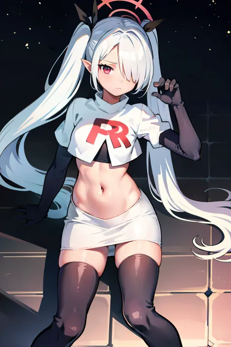 (masterpiece), 1girl, hair over one eye,magical world, shiny steps, beautiful sky, stars, jupiter, ioridef, team rocket,team rocket uniform,white skirt,crop top,black thigh-highs,black elbow gloves,