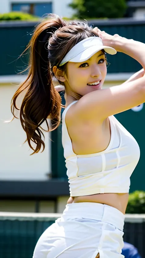 ((perfect anatomy)) ,muste piece,Ulzan 6500,A beautiful 20-year-old tennis player in a white sun visor, tankini and tennis skirt, holding a racket tightly while playing a match on the Center Court at Wimbledon.,((It captures the essence of her athleticism ...