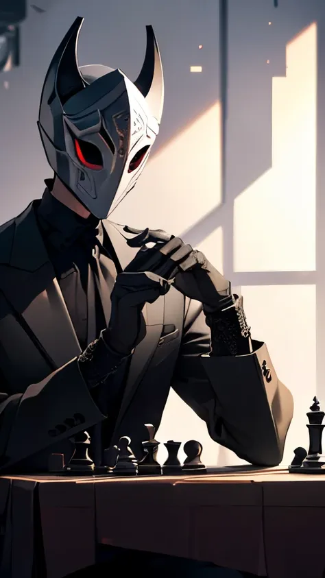 a guy with a mysterious mask, a captivating enigma, sitting at a dimly lit chess table, grinning widely, his eyes gleaming with ...