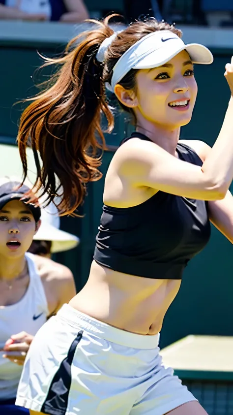 ((perfect anatomy)) ,A beautiful 20-year-old tennis player in a white sun visor, tankini and tennis skirt, holding a racket tightly while playing a match on the Center Court at Wimbledon.,((It captures the essence of her athleticism and energy, which goes ...