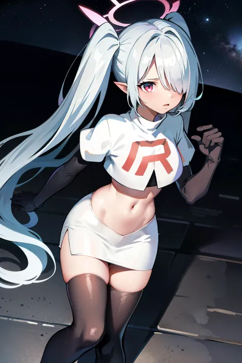 (masterpiece), 1girl, hair over one eye,magical world, shiny steps, beautiful sky, stars, jupiter, ioridef, team rocket,team rocket uniform,white skirt,crop top,black thigh-highs,black elbow gloves,