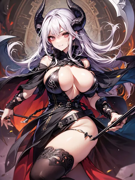 ((highest quality)),(ultra high resolution),(Super detailed),(detailed description),((best CG)),(best work of art),super precision art,amazing drawing art,(Fantasy art with precise details:1.5), (Female Devil:1.6),(beautiful and well-shaped face:1.5),crazy...