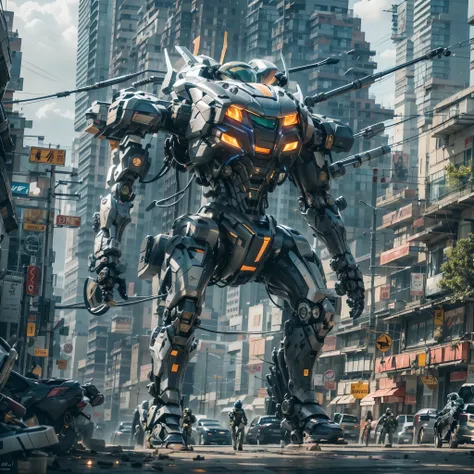 best quality,masterpiece,16k,Giant mecha,Vital Suits,building,Car tire structure feet,car,city,city lights,cityscape,cloud,day,destruction,east asian architecture,ground vehicle,Complex mecha structure,Looking up,Multicolored mecha,Half squat posture,full ...