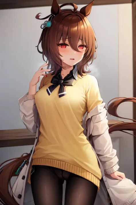 masterpiece, highest quality, Ogenstachion(umamusume), solo, cowboy shot block_eye,white coat, black pantyhose, Finger over sleeves, yellow sweater, black tie, Uma Musume, horsetail, brown haired, red eye,NSFW,pussy,nipple,sex,pussy,full nude