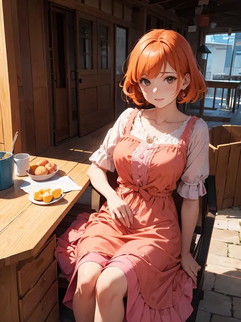 A mature girl, orange hair, wearing pink dress