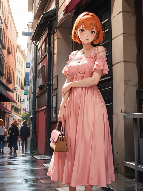 A mature girl, orange hair, wearing pink dress