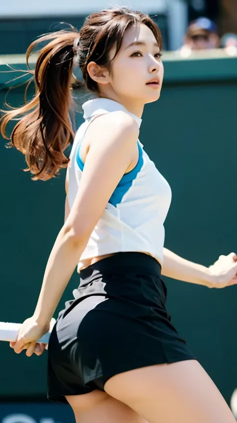 perfect anatomy ,A beautiful 20-year-old tennis player, wearing a white high-neck front zip sleeveless one-piece tennis skirt, racket and shoes, is playing a serious game in a low stance on the crowded center court at Wimbledon.,It captures the essence of ...