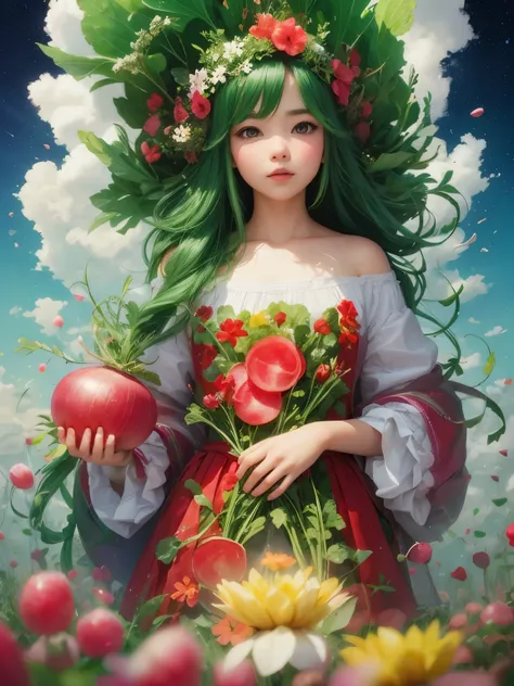 The radish queen, digital art, double exposure, studio Ghibli