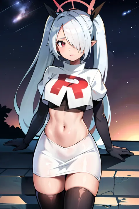 (masterpiece), 1girl, hair over one eye,magical world, shiny steps, beautiful sky, stars, jupiter, ioridef, team rocket,team rocket uniform,white skirt,crop top,black thigh-highs,black elbow gloves,