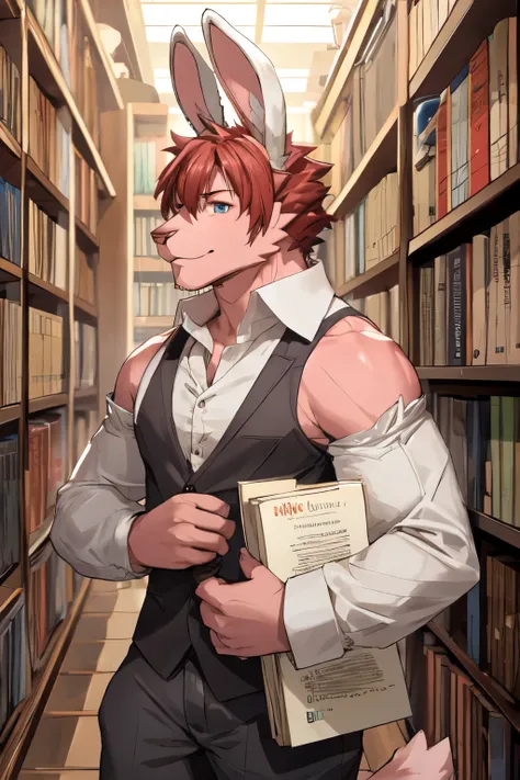 bara furry bunny, perfect face, red short hair, pink skin, in library