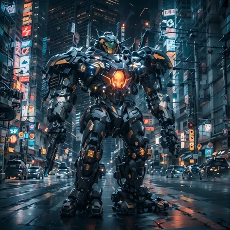 best quality,masterpiece,16k,Giant mecha,Vital Suits,building,Locomotive tire structure feet,car,city,city lights,cityscape,cyberpunk,destruction,Super complex mechanical structure,full body,Black mecha,Multi light source mecha,Complex mecha structure,Lumi...