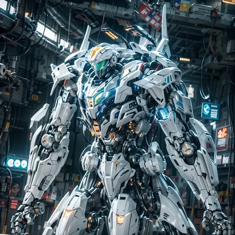 best quality,masterpiece,16k,glowing,glowing eyes,machinery,Super complex mechanical structure,Luminous mecha,Multi light source mecha,Alien mecha,full body,Luminous,Complex mecha structure,indoor,White mecha,mecha,no humans,open hand,realistic,robot,scien...