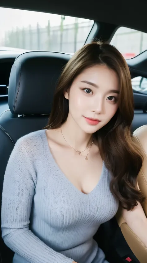 wearing light blue underwear,((highest quality, 8k, masterpiece: 1.3)), concentrated: 1.2, perfect body beauty: 1.4, buttocks: 1.2, ((delicate hair)), (sweater dress: 1.1), (sports car, street: 1.2), Highly detailed face and skin texture, fine eyes, double...