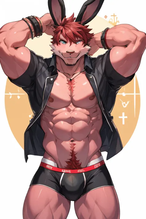 bara furry bunny, perfect face, red short hair, pink skin, underwear and openedshirt only, at shcool