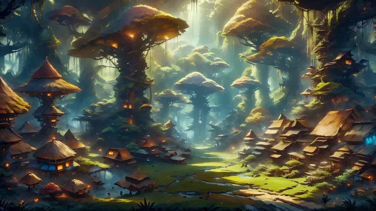 (Masterpiece), best quality, 8k, panoramic view, center of the gnome forest, majestic trees, colorful mushrooms, commerce, banks exchanging precious stones and gold, fruit market. ethereal atmosphere, captivating landscape