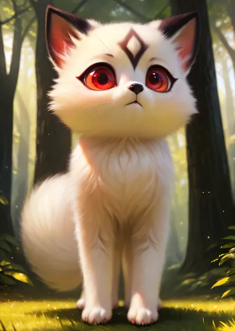 Uploaded to e621, ((by relevance, by s1m, by Vivian Maier, by silverfox5213)), alone (quadruped:1.4) chibi (((Kilara (Inuyasha)))) and ((white body)) and (Two tails, inner ear villi, Cheek hair tufts) and ((clear red eyes)), (detailed Kilara (Inuyasha)), (...