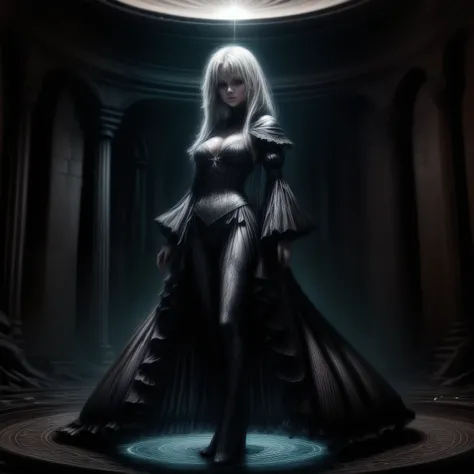 A female magician standing in a luminous Magic Circle, Inside the ruins at night, full body image