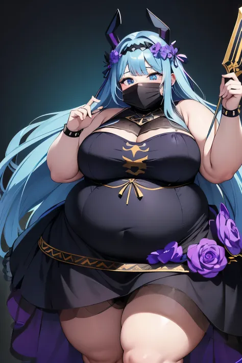 A fat woman, obese, with a spear, lightblue hair, dark cyan hair, warrior black dress with metal gold flowers, warrior mouth mask, purple ribbons over her dress, black semi transparent mouth mask, chubby, dark fat mage