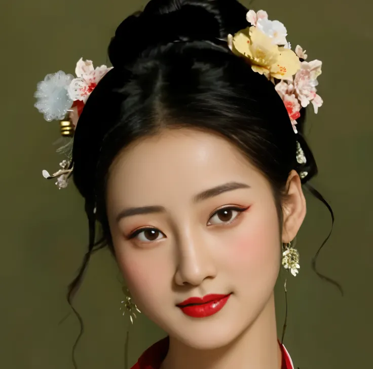 arafed woman with a flowered headband and a red shirt, hanfu, traditional beauty, traditional chinese, palace ， a girl in hanfu,...