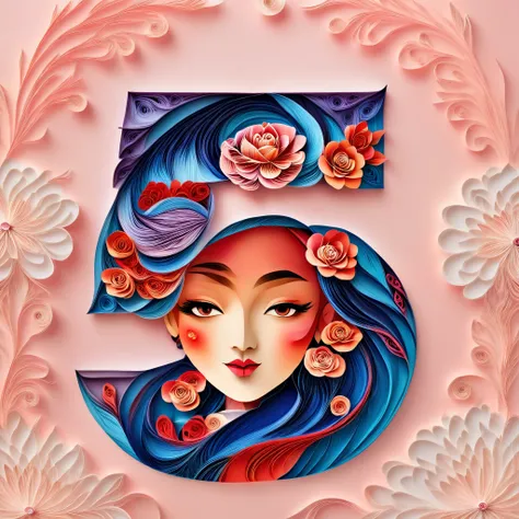 Light red background,(Beautiful Oriental Girl face, red rose),(Oriental elements, Chinese color,Very colorful)，(number art, paper art,layered paper art,paper quilling,paper-cut,paper sculpture)