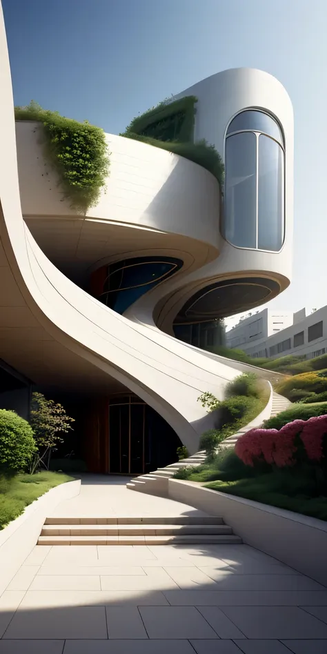 a tall building in a futuristic city designed by zaha hadid, a futuristic building, a modern building, sidewalks around the buil...