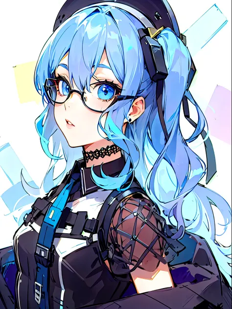 girl with blue hair and black glasses, wearing a black top, blue eyes