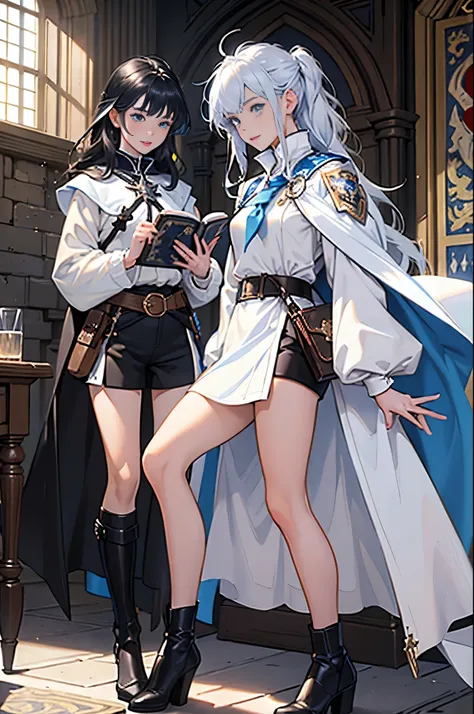 masterpiece, ultra detailed, 8K Portrait, Raw photo, (((((2 girls))))), girls photography, full body, Highly detailed face, ((Fantasy)), 15 years old, (((classmates))), smile, various hairstyles and hair color, (((white long tunic with a single vertical bl...