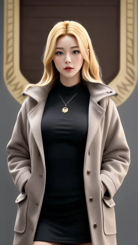 Realistic Red Sotheby Girl Photo，35 year old beautiful woman，long side waves，delicate blonde hair，cool look，background is gray，Coat of arms of the Principality of Zeon，