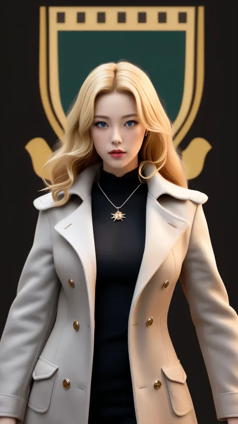 Realistic Red Sotheby Girl Photo，35 year old beautiful woman，long side waves，delicate blonde hair，cool look，background is gray，Coat of arms of the Principality of Zeon，