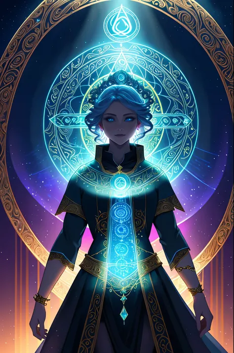 Magical circle, mysterious symbols, ancient ritual, glowing halo, center illumination, stars decoration, ancient inscriptions, flowing energy, gradient colors, rich details, fantasy setting, fantasy magic, arcane power, enchanting atmosphere, mystical glow...