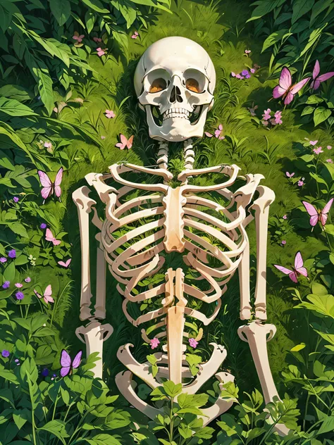 (masterpiece:1), (aerial view:1.5), (human skeleton lies nestled amidst a sea of verdant grass:1.6), (cycle of life and death merges seamlessly:1.3), silence, (wildflowers pepper the landscape:1.4), (skeleton now becomes part of landscape:1.2), magnificent...