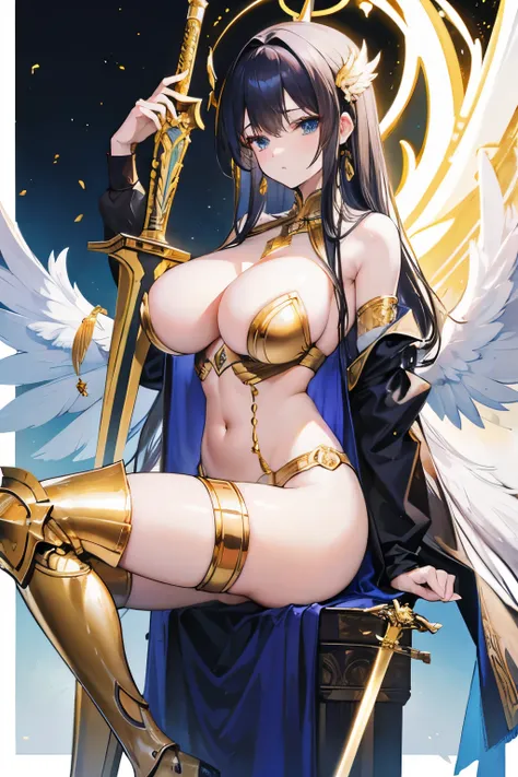 big breasted angel woman with golden armor and a sword 