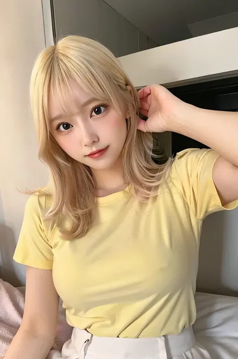 Pastel Blonde、big breasts、cute、natural makeup、4k、selfie、valley、on the bed、Are sleeping、erotic、Pastel yellow tight T-shirt、random pose