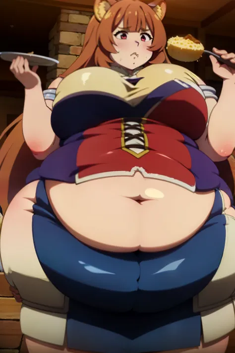 Raphtalia fat, android 18 fat, force feed, obese, fat, fatter, round, rotund, food in the hands, grab belly, overeating, stuffed raccoon, burp, burping, scared, red suit, massive fat, huge fat, glutton, gluttony, gluttonous, voracious, force feeding, fliyi...