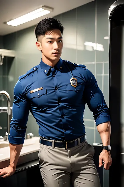 40-year-old boy ,korean male officer ,thin mustache...,handsome ,wear long sleeve police shirt...............,beige grey tight t...