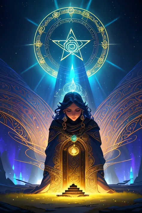 Magical circle, mysterious symbols, ancient ritual, glowing halo, center illumination, stars decoration, ancient inscriptions, flowing energy, gradient colors, rich details, fantasy setting, fantasy magic, arcane power, enchanting atmosphere, mystical glow...