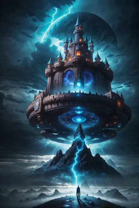 giant medieval castle on Magic Circle, epic landscape, ((wind effect)),thunder storm background,(mythical atmosphere),light is penetrating through clouds, magnificent clouds, blue theme, epic Magic Circle and castle, in another planet