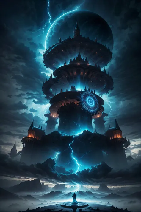 giant medieval castle on Magic Circle, epic landscape, ((wind effect)),thunder storm background,(mythical atmosphere),light is penetrating through clouds, magnificent clouds, blue theme, epic Magic Circle, in another planet