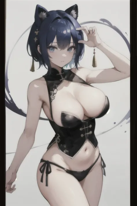 (masterpiece, highest quality: 1.2), traditional chinese ink painting, cute 18 year old big breasted woman、shortcut、blue hair、emphasize the chest、big breasts、look up from below、Wink with one eye