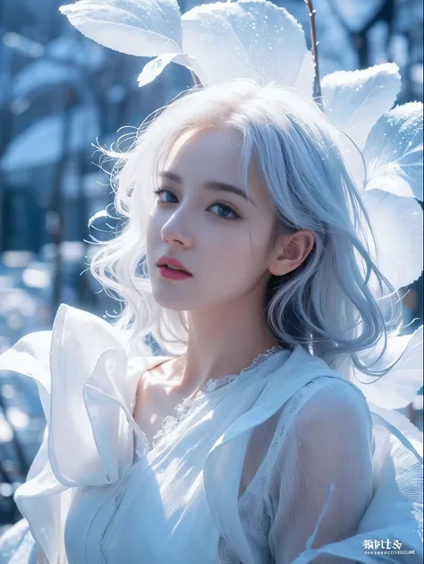 (((masterpiece))), best quality, illustration, 4k wallpaper, movie lighting, absurd, 1 girl,(snow,ice), snow花, in winter, white hair, shiny hair, curls, transparent clothes, frills, lace, wet clothes, leave_Shoulder, hair tie,masterpiece, telephoto lens, a...