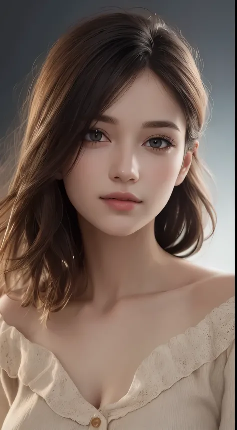 1woman, (Ultra realistic detailed eyes, highly detailed hair, highly detailed face, highly detailed plump lips), (off shoulder with open breasts), breasts, upper body, caute smile, (best quality:1.4), Raw photo, (realistic, photo-realistic:1.37), professio...