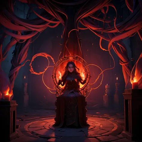 Intricate magic circle glowing with power, trapped succubus pleading for help, volcanic chamber, fiery red chamber walls, billowing smoke, intense heat, ancient runes inscribed on the floor, glowing symbols, flickering flames, ethereal atmosphere, mystical...