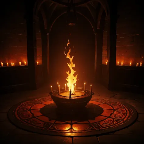 Intricate magic circle glowing with power, trapped succubus pleading for help, volcanic chamber, fiery red chamber walls, billowing smoke, intense heat, ancient runes inscribed on the floor, glowing symbols, flickering flames, ethereal atmosphere, mystical...