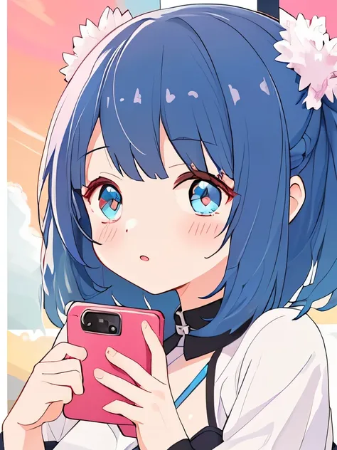 look at smartphone　、sky blue hair　、cute woman　、whole body