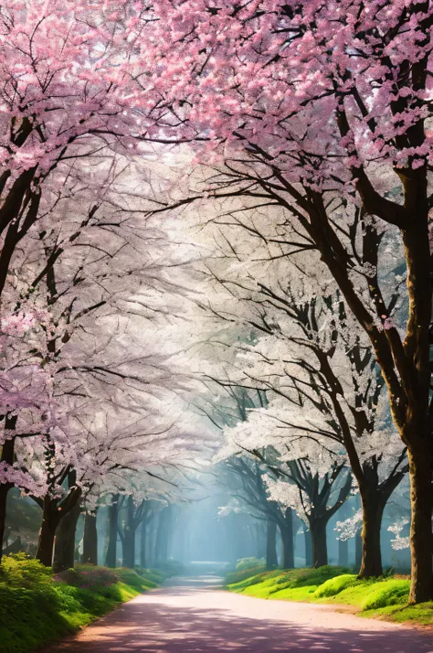 masterpiece, best quality, high quality, extremely detailed 8k wallpaper of CG unit, a charming and dreamy scene of a lush forest of sakuras, with tall trees, creating a sense of mystique and enchantment, artistic station, digital illustration, intricate, ...