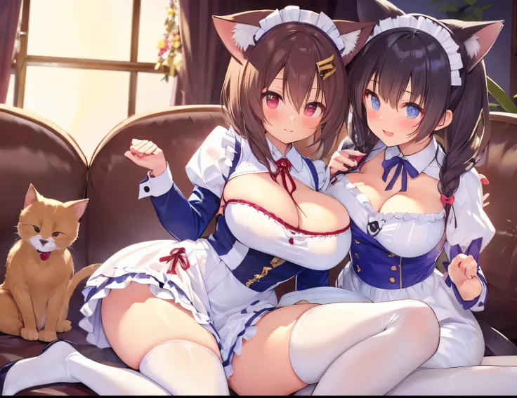 A beautiful girl with dog ears and big breasts in a maid costume.、Beautiful girl with cat ears and big breasts in a shirt and shorts