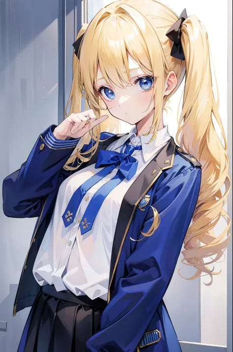 blonde blue eyes、wear a jacket uniform，sweet girl、 girl、small breasts、twin tails