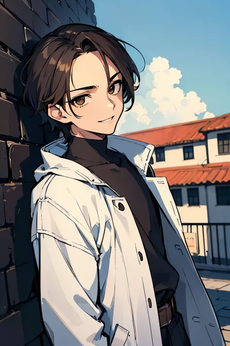 ((masterpiece, best quality)), 1man, boy, looking straight, staring at camera, camera from the front, smirking, ((prideful smile)), dark brown eyes, small eyes, brown short hair, tidy hair, forehead, ((strands of hair in front)) blue eyeliners ,sleepy eyes...