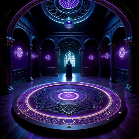 magic circle, a large dark mysterious room with many dark glossy objects, in the center of this dark hall the magic circle glows...